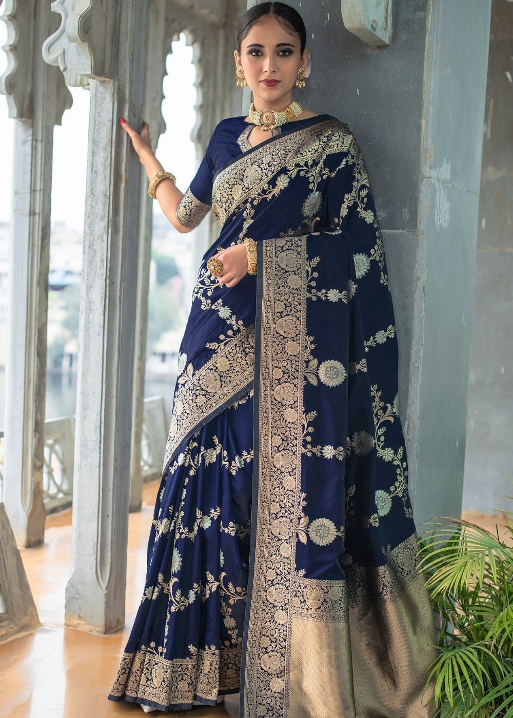 Berry Blue Soft Banarasi Silk Saree with Floral Zari work