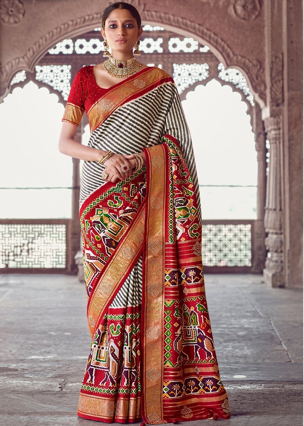 Linen White & Red Patola Silk Saree with Zari Border Pallu & Stone work: Top Pick