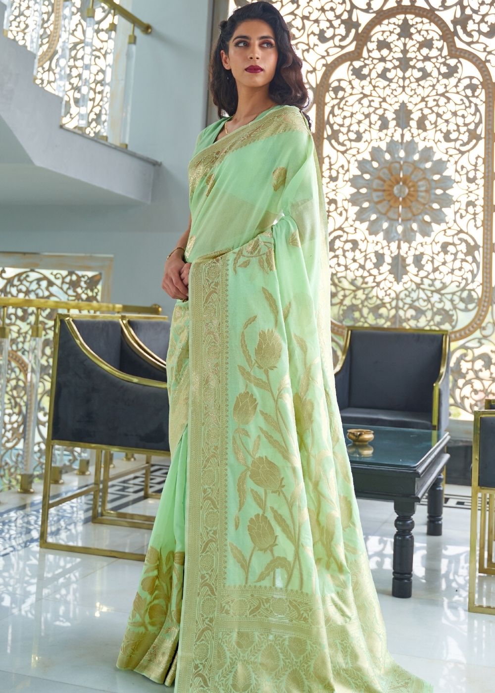 Mint Green Zari Woven Designer Silk Saree