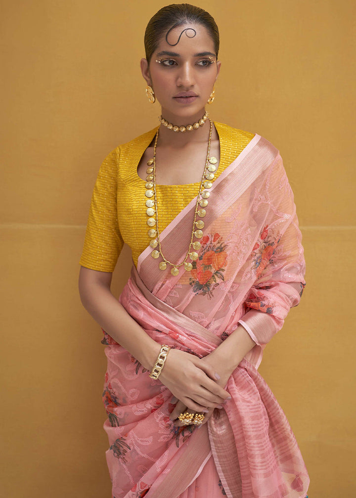 French Pink Digital Print Tissue Silk Saree