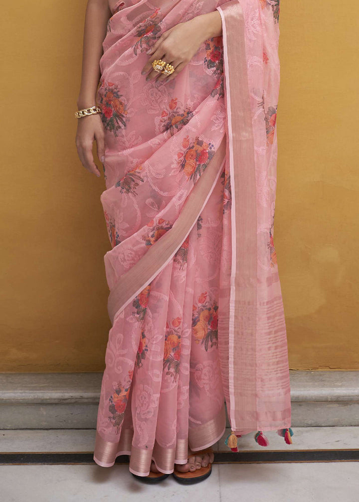 French Pink Digital Print Tissue Silk Saree