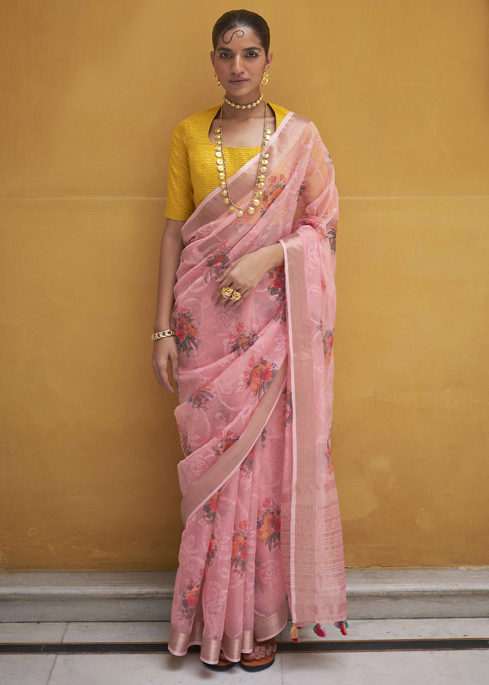 French Pink Digital Print Tissue Silk Saree