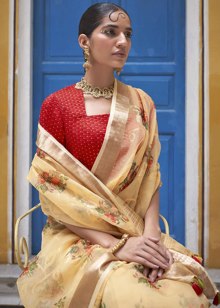 Light Brown Digital Print Tissue Silk Saree