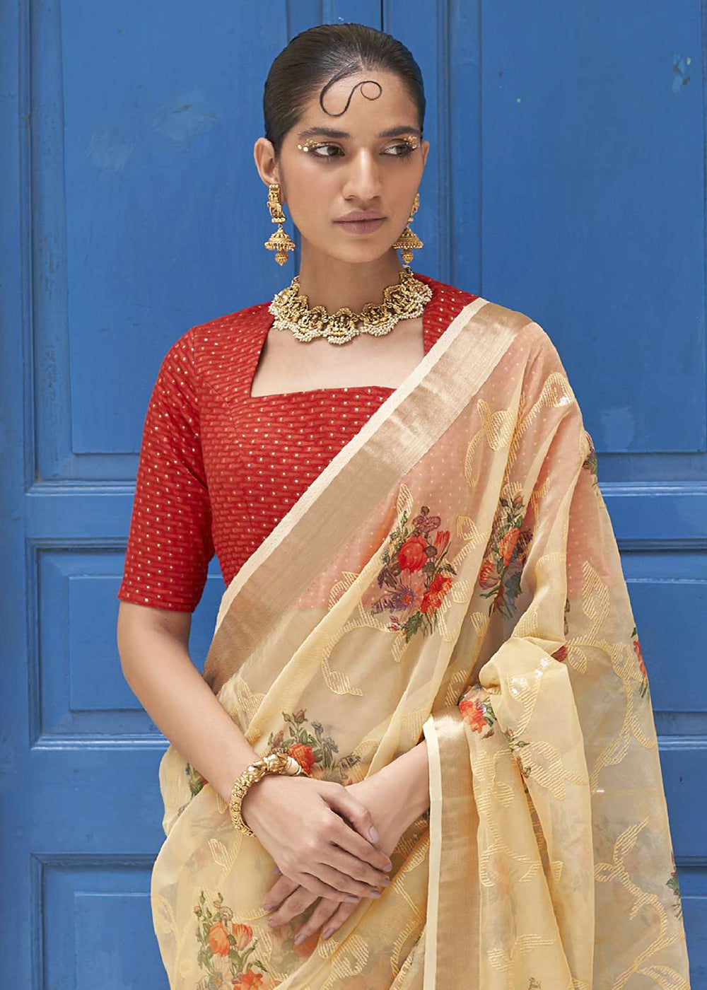 Light Brown Digital Print Tissue Silk Saree