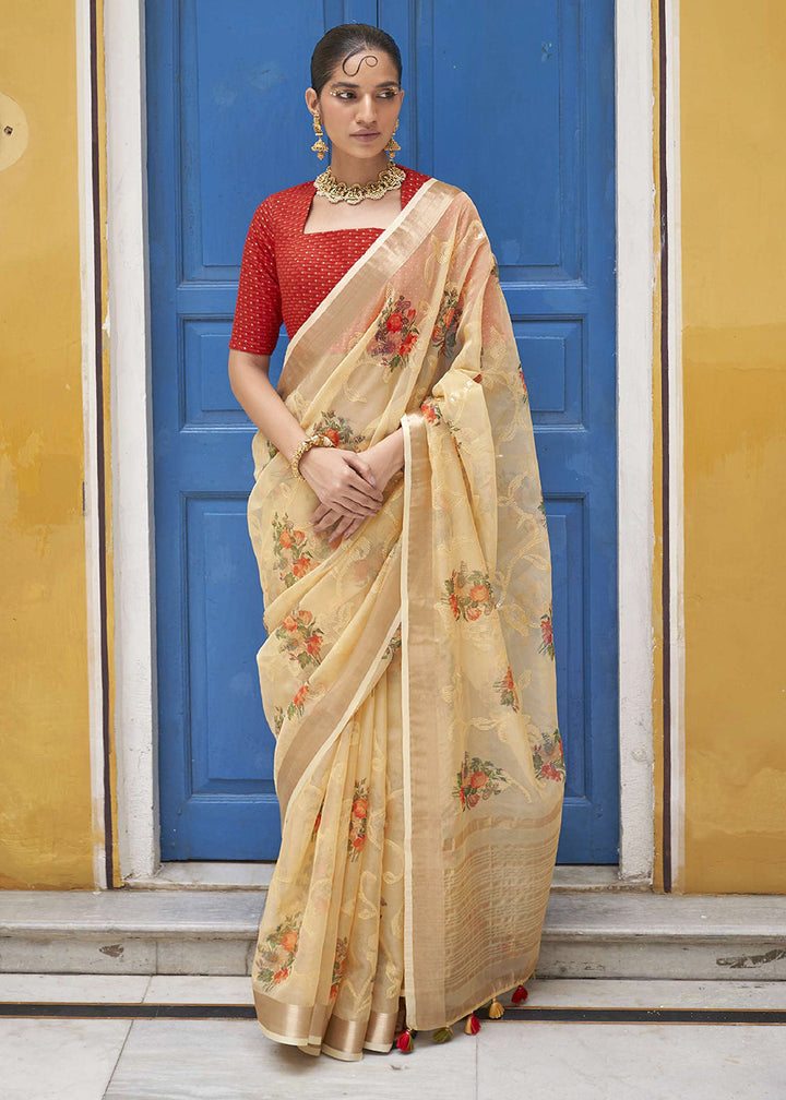 Light Brown Digital Print Tissue Silk Saree