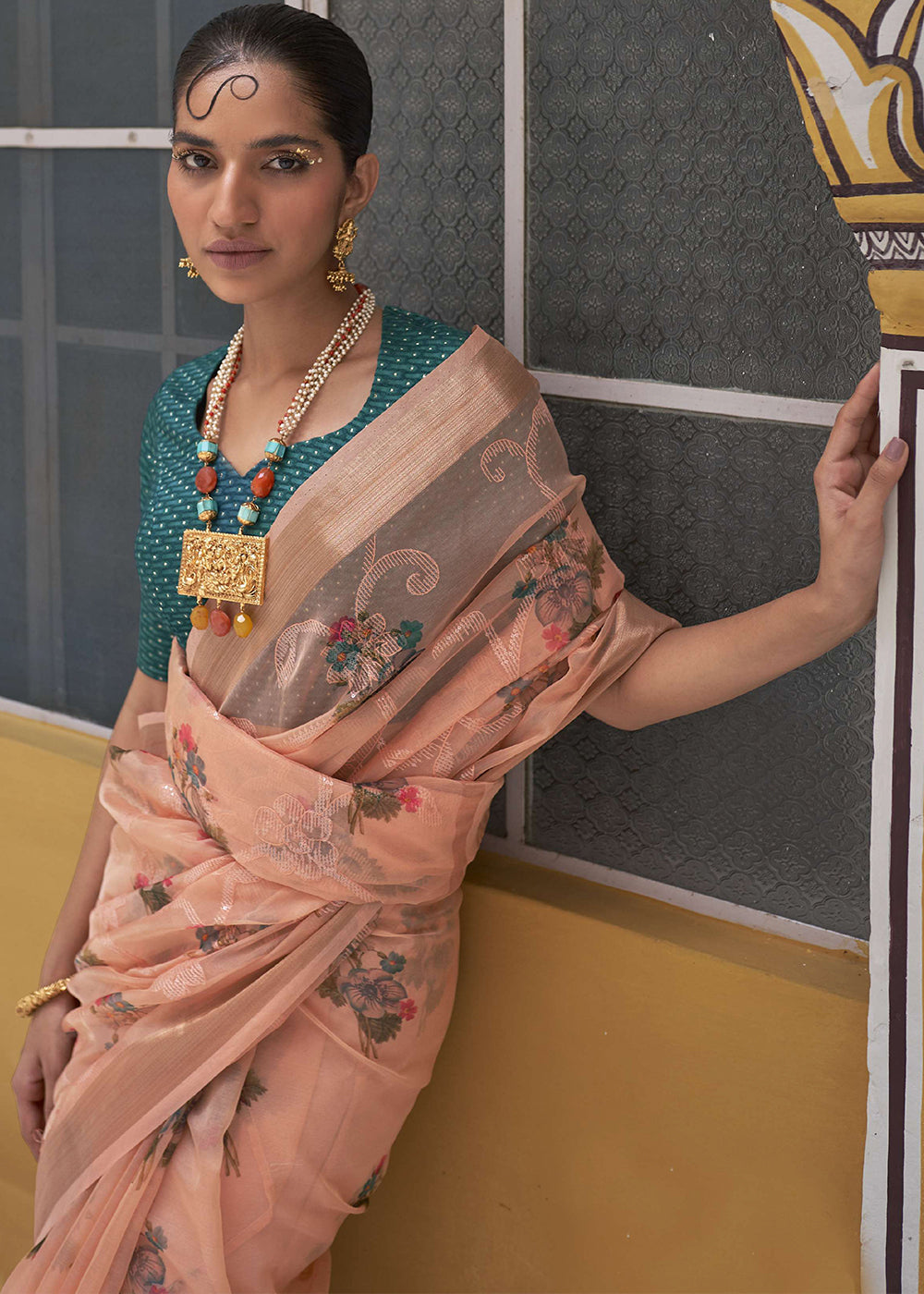 Cantaloupe Orange Digital Print Tissue Silk Saree