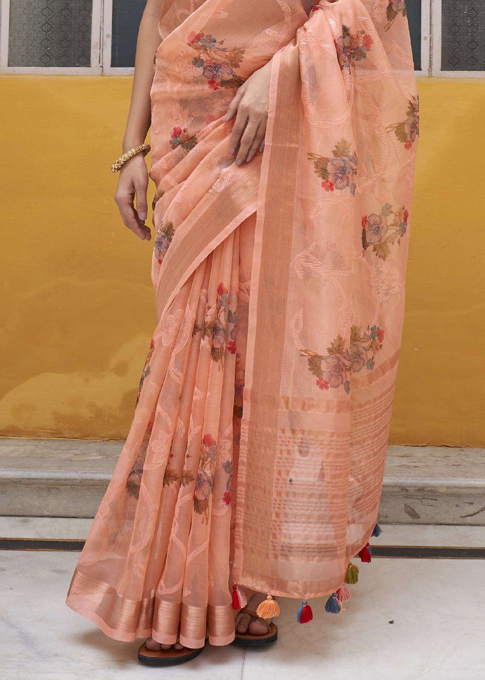 Cantaloupe Orange Digital Print Tissue Silk Saree