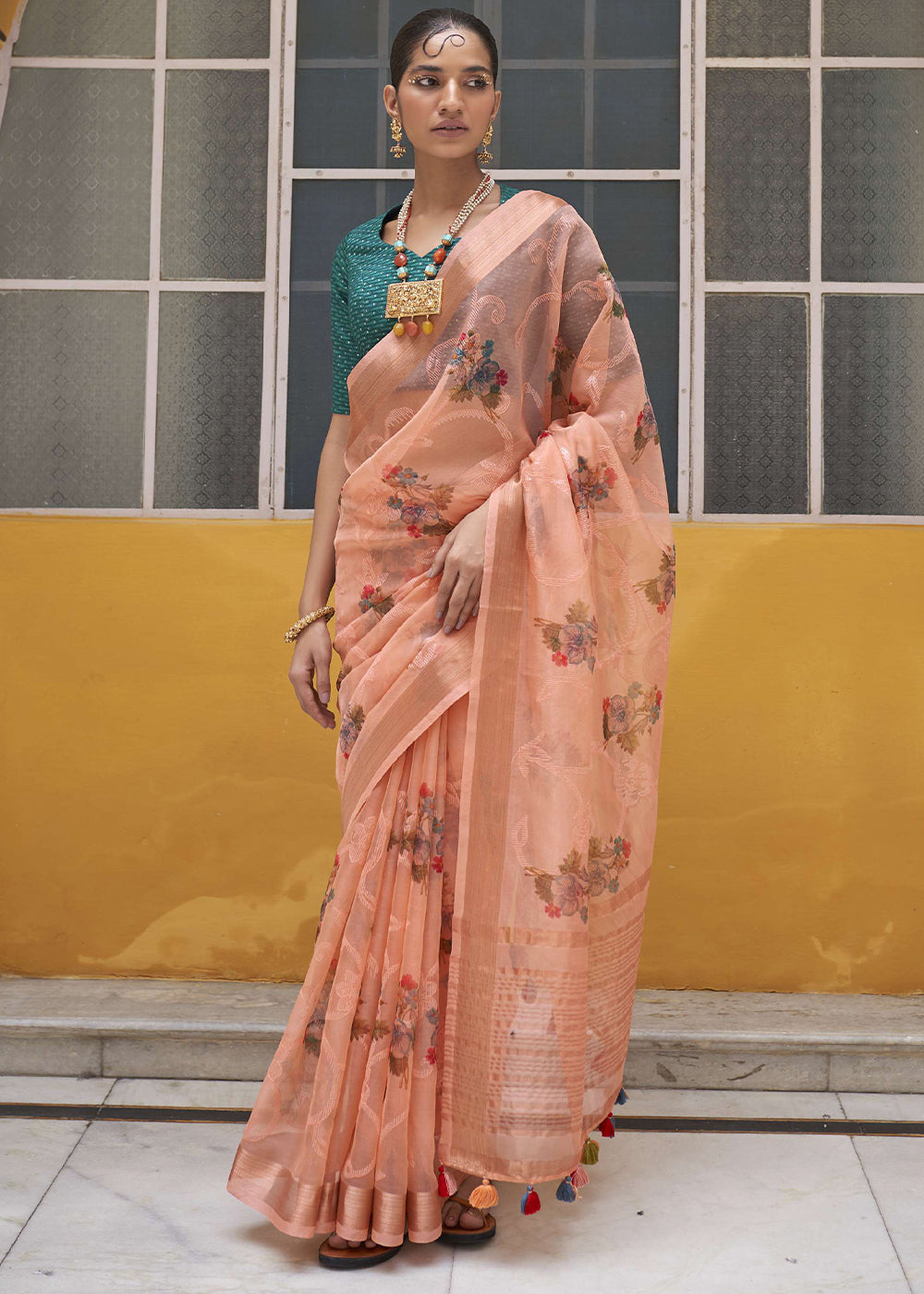 Cantaloupe Orange Digital Print Tissue Silk Saree