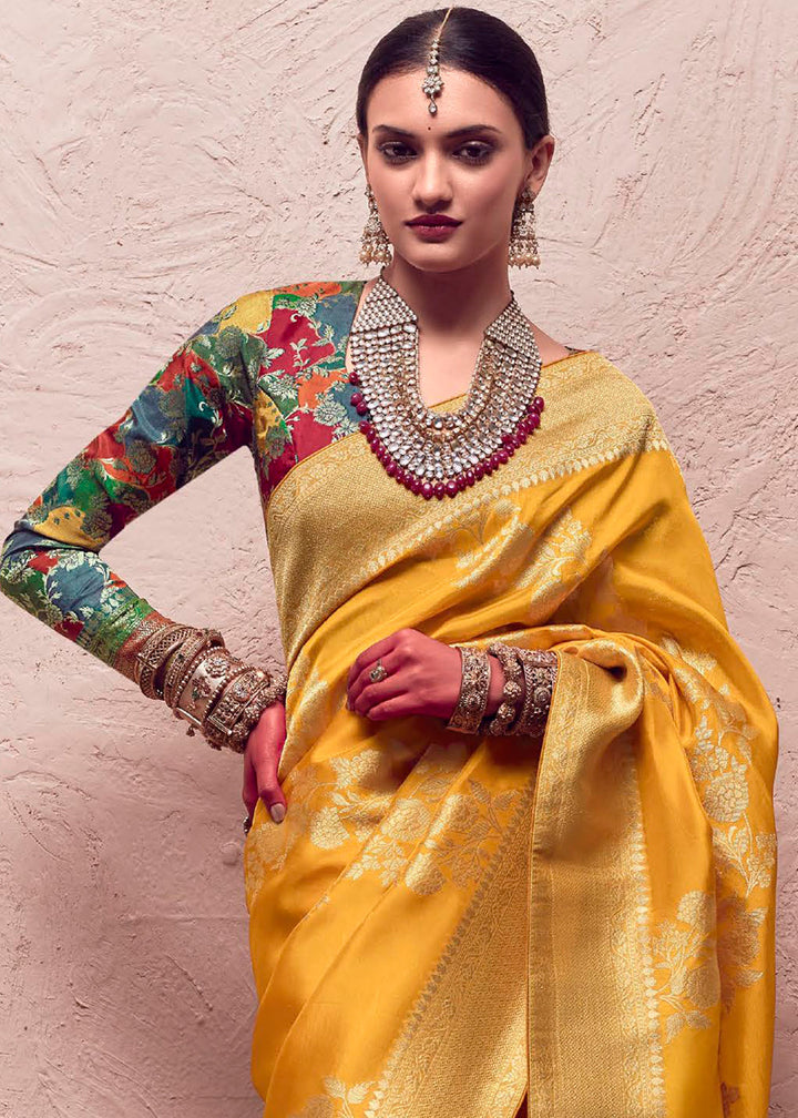 Amber Yellow Zari Woven Dola Silk Saree With Zari Woven Blouse