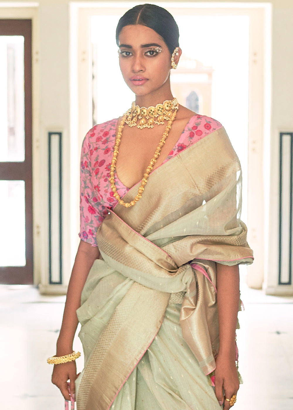 Tea Green Zari Weaving Tissue Silk Saree with kalamkari Print Blouse