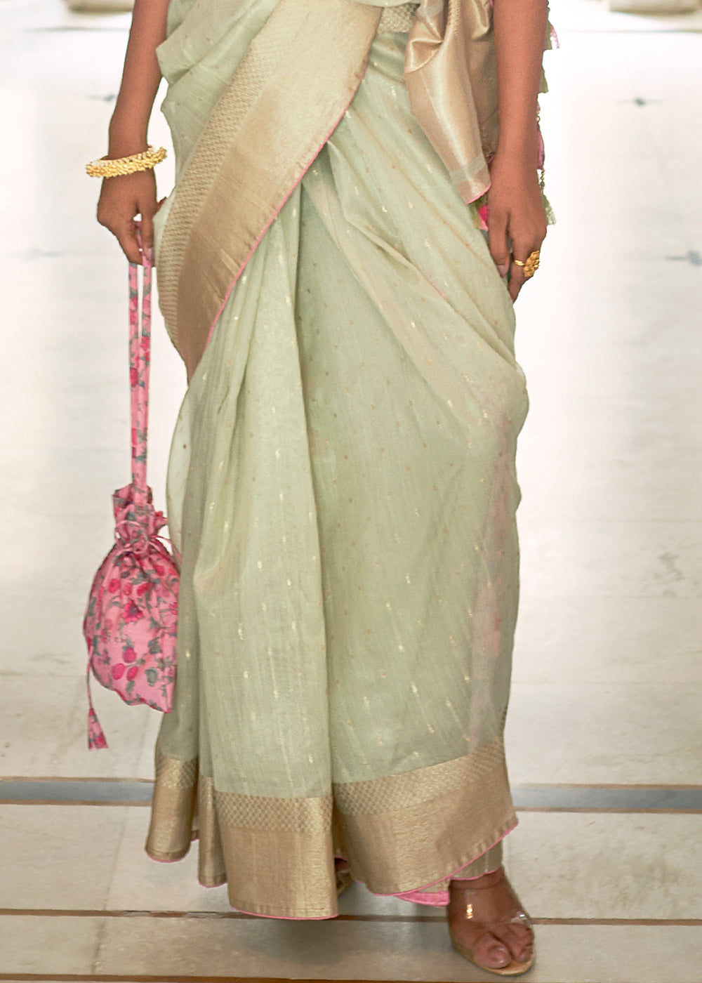 Tea Green Zari Weaving Tissue Silk Saree with kalamkari Print Blouse