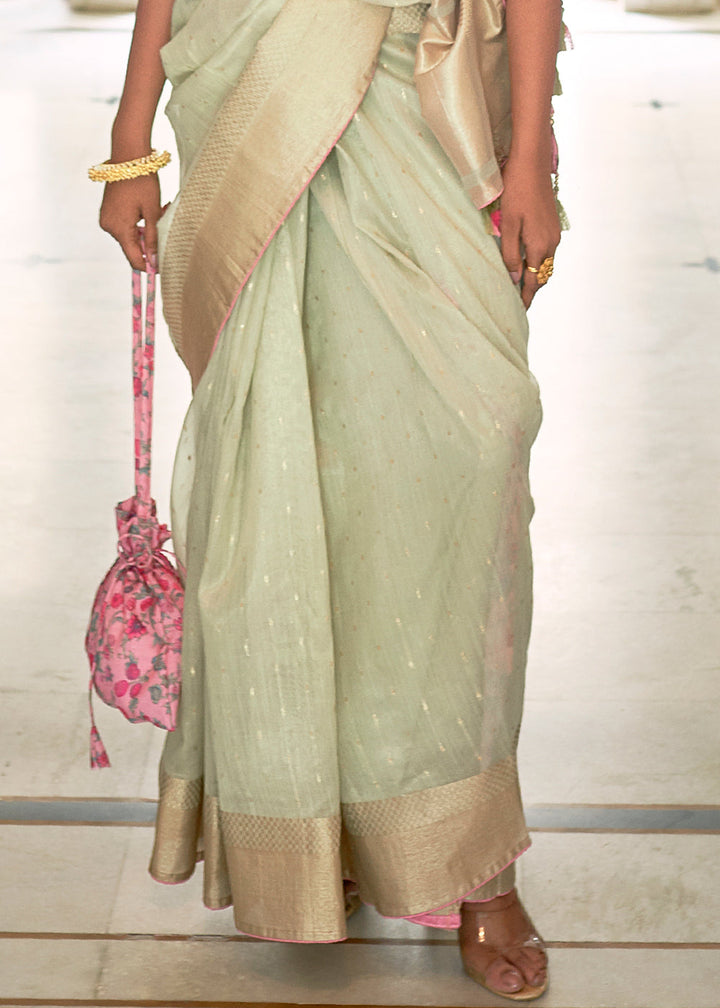 Tea Green Zari Weaving Tissue Silk Saree with kalamkari Print Blouse