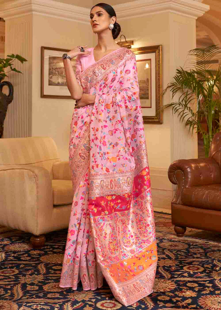 Carnation Pink Banarasi Jamawar Woven Silk Saree