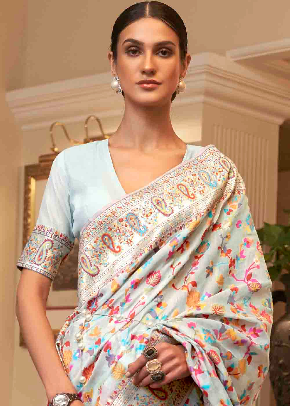 Pastel Blue Banarasi Jamawar Woven Silk Saree