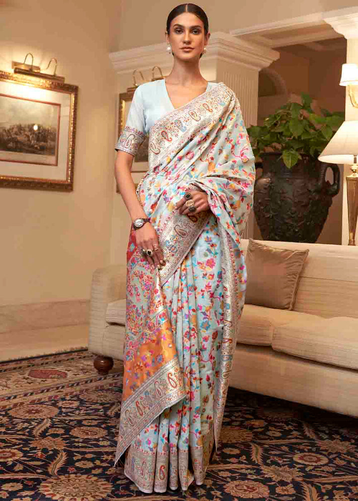 Pastel Blue Banarasi Jamawar Woven Silk Saree