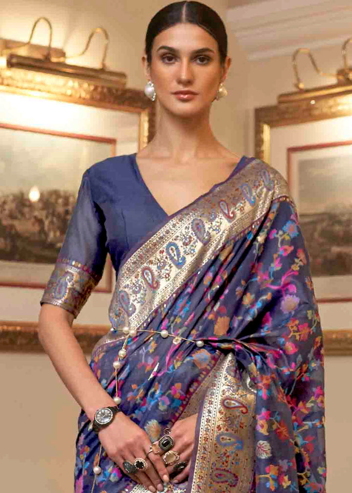 Admiral Blue Banarasi Jamawar Woven Silk Saree