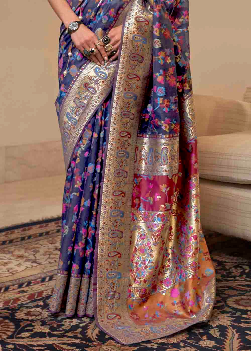 Admiral Blue Banarasi Jamawar Woven Silk Saree