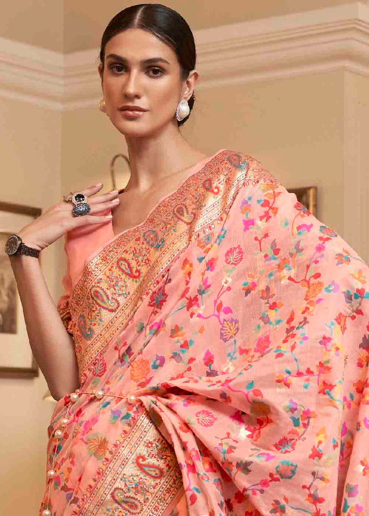 Peach Pink Banarasi Jamawar Woven Silk Saree