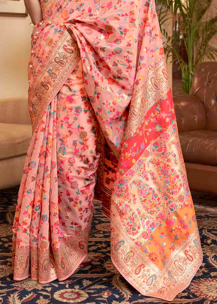 Peach Pink Banarasi Jamawar Woven Silk Saree