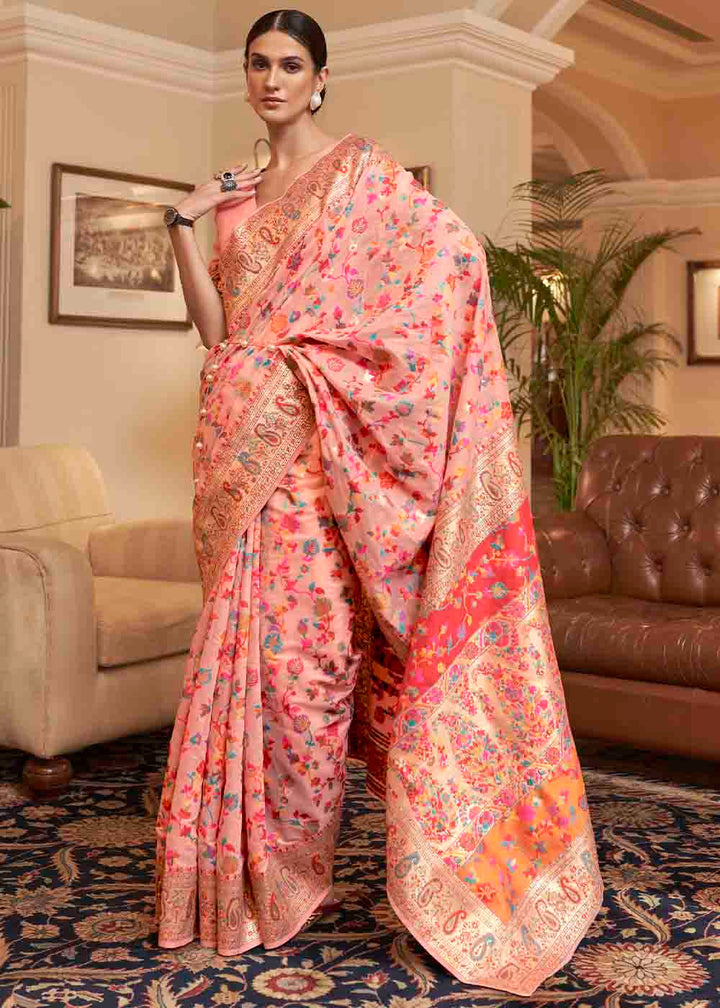 Peach Pink Banarasi Jamawar Woven Silk Saree