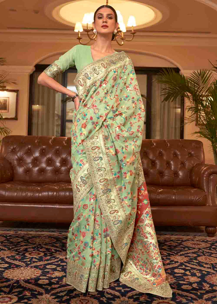 Pastel Green Banarasi Jamawar Woven Silk Saree