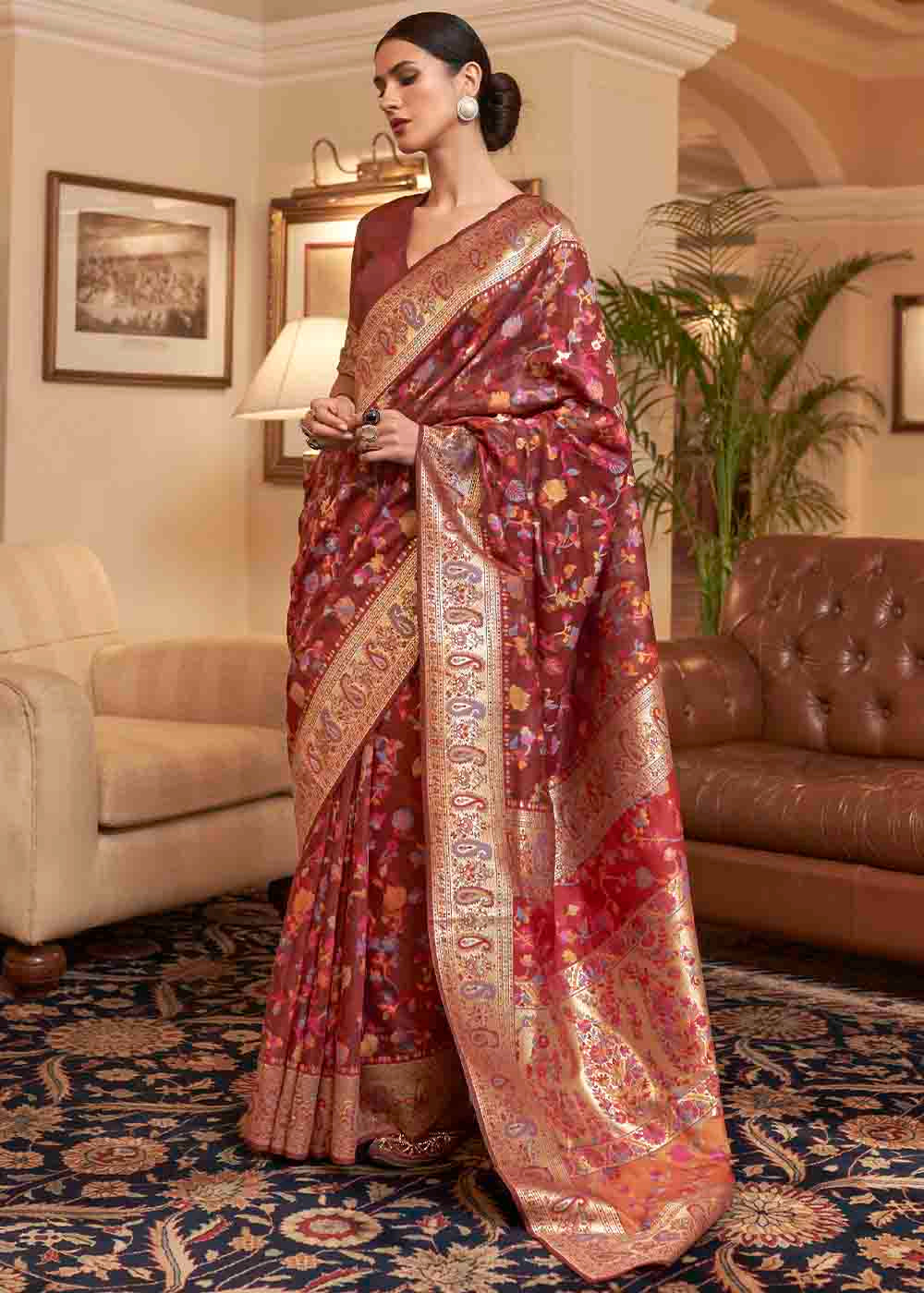 Sienna Brown Banarasi Jamawar Woven Silk Saree