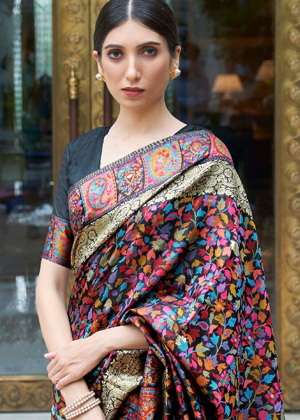 Onyx Black Banarasi Jamawar Woven Silk Saree