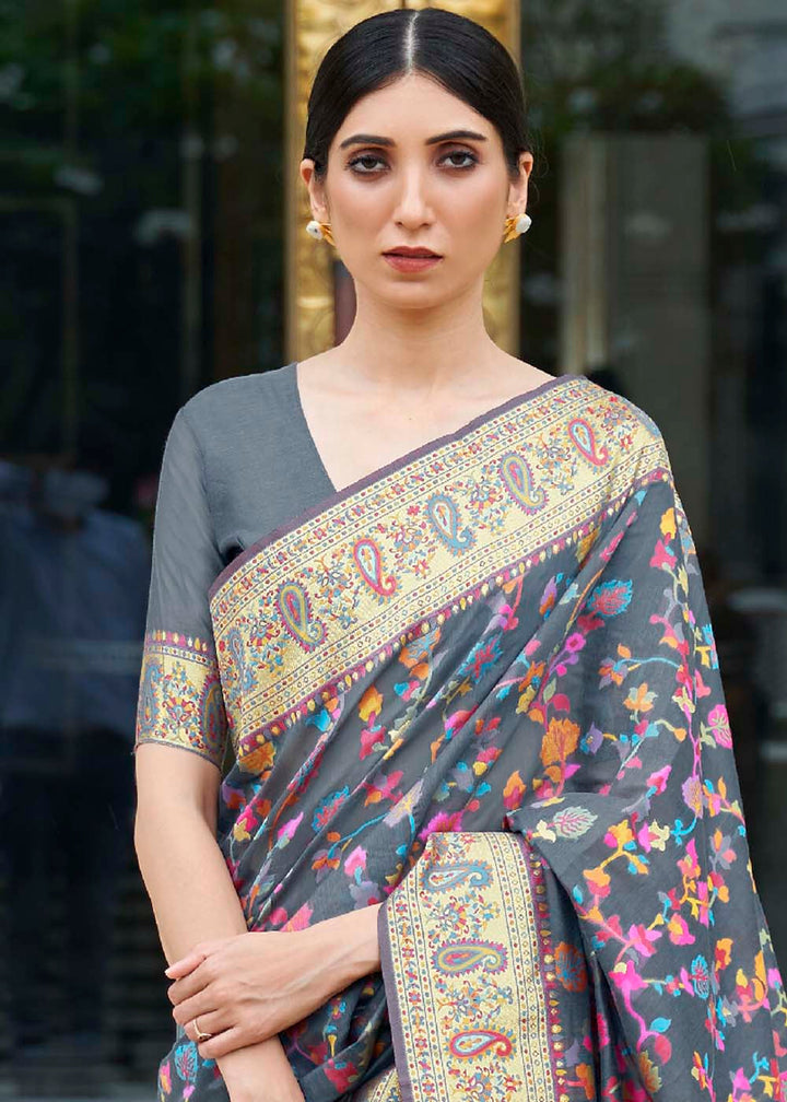 Anchor Grey Banarasi Jamawar Woven Silk Saree