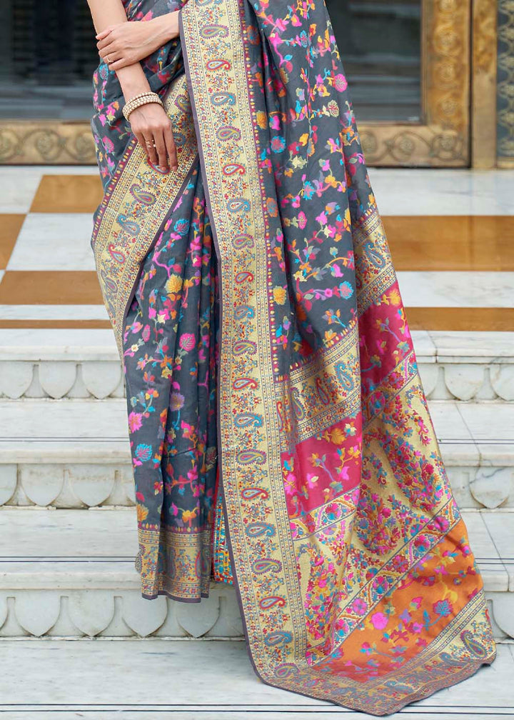 Anchor Grey Banarasi Jamawar Woven Silk Saree