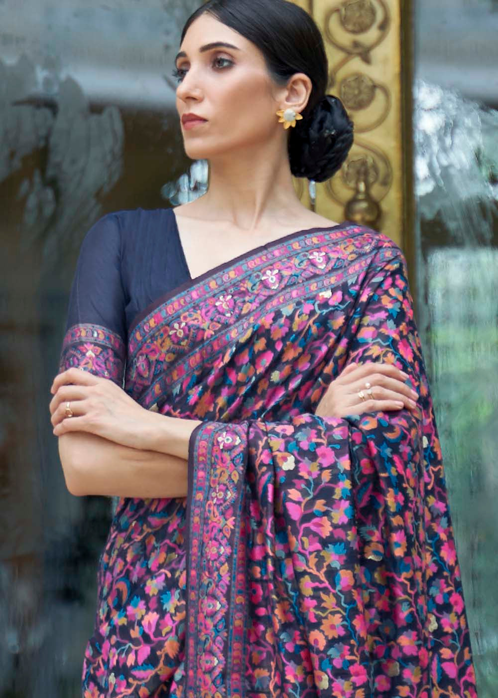 French Navy Blue Banarasi Jamawar Woven Silk Saree : Top Pick