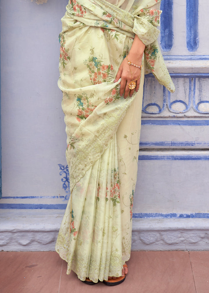 Tea Green Digital Print Tissue Silk Saree with Embroidery Thread work