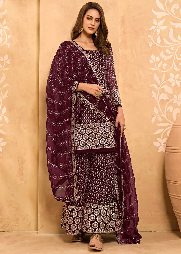 Sangria Purple Georgette Metti with Zari work Sharara Suit