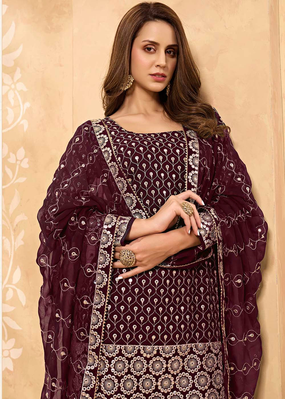 Sangria Purple Georgette Metti with Zari work Sharara Suit