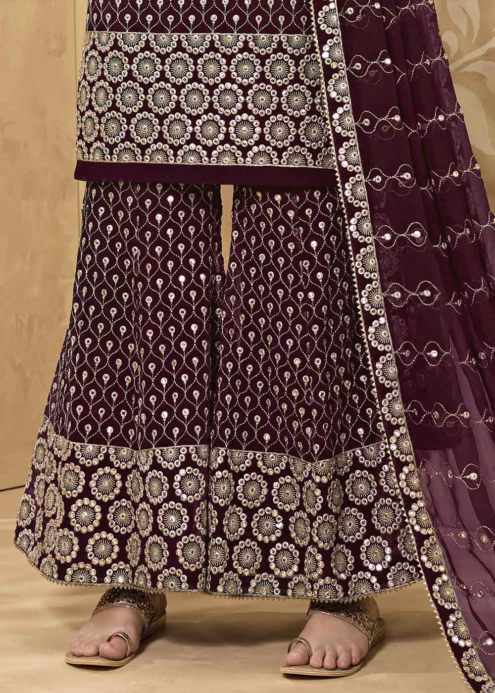 Sangria Purple Georgette Metti with Zari work Sharara Suit