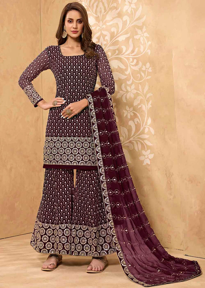 Sangria Purple Georgette Metti with Zari work Sharara Suit