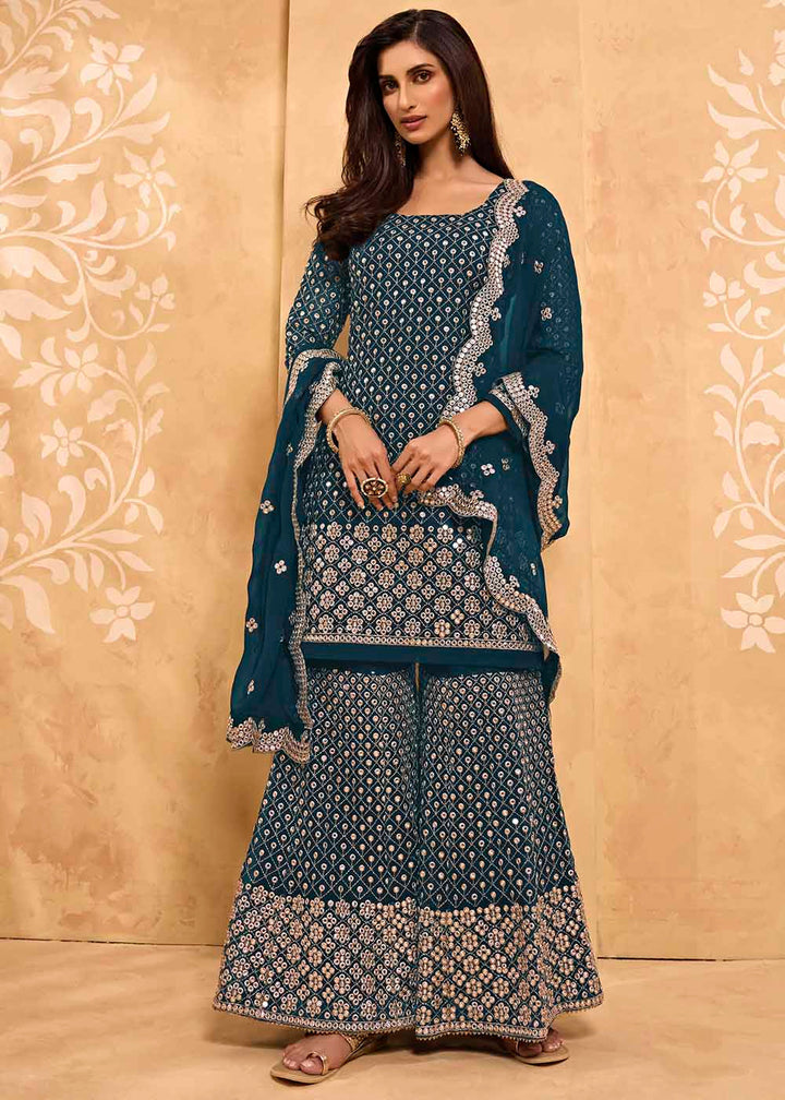 Aegean Blue Georgette Metti with Zari work Sharara Suit