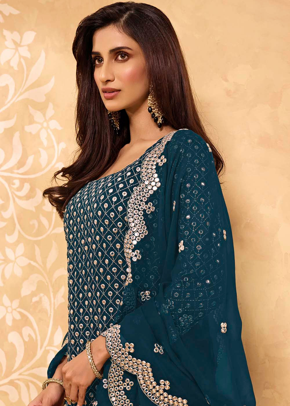 Aegean Blue Georgette Metti with Zari work Sharara Suit