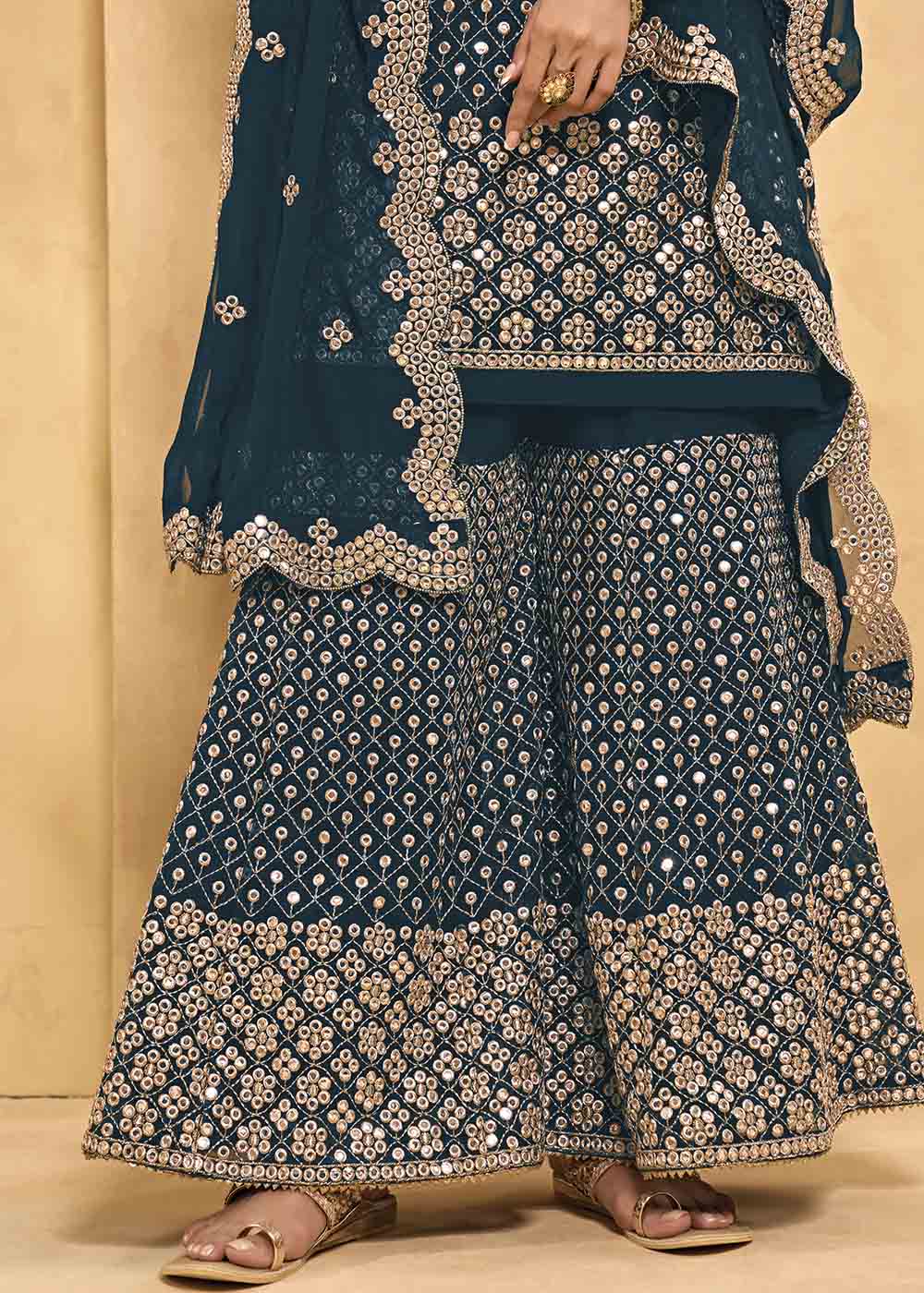 Aegean Blue Georgette Metti with Zari work Sharara Suit