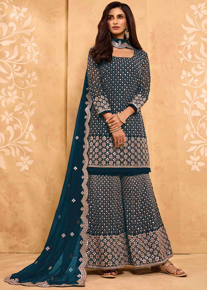 Aegean Blue Georgette Metti with Zari work Sharara Suit