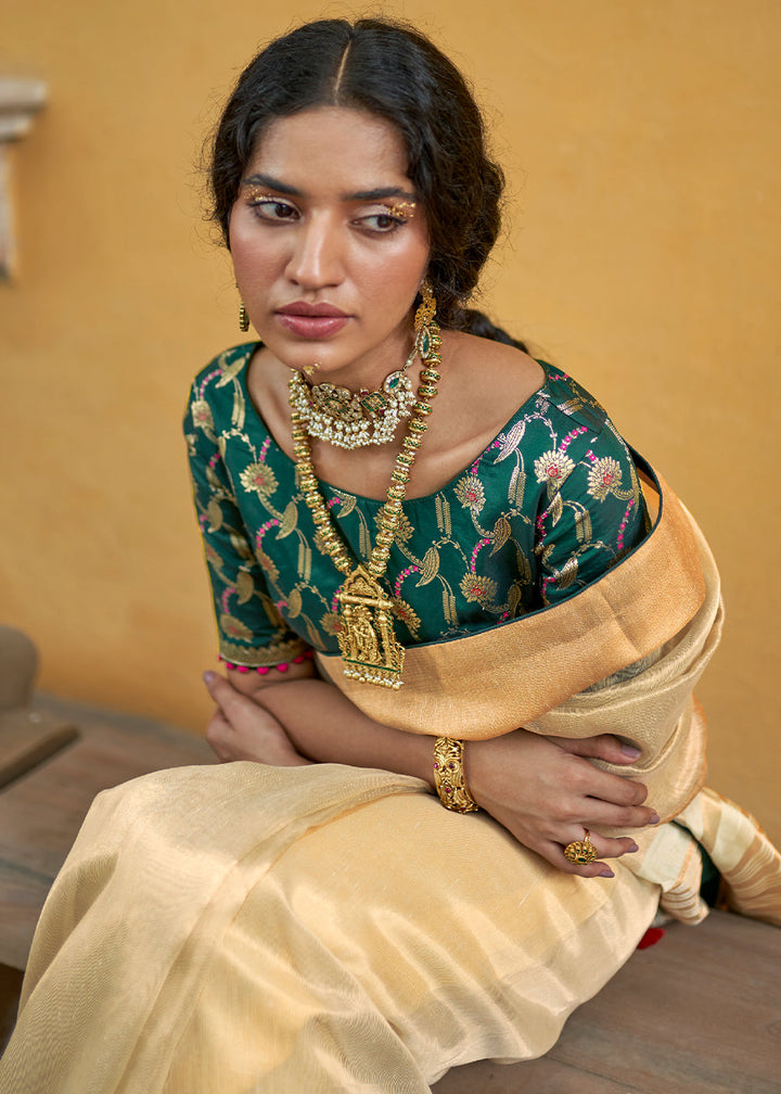 Blonde Yellow Soft Tissue Organza Silk Saree with Brocade Blouse