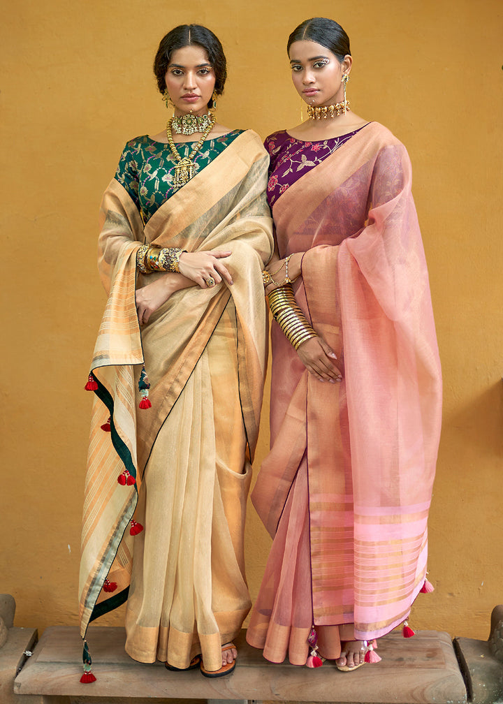 Blonde Yellow Soft Tissue Organza Silk Saree with Brocade Blouse