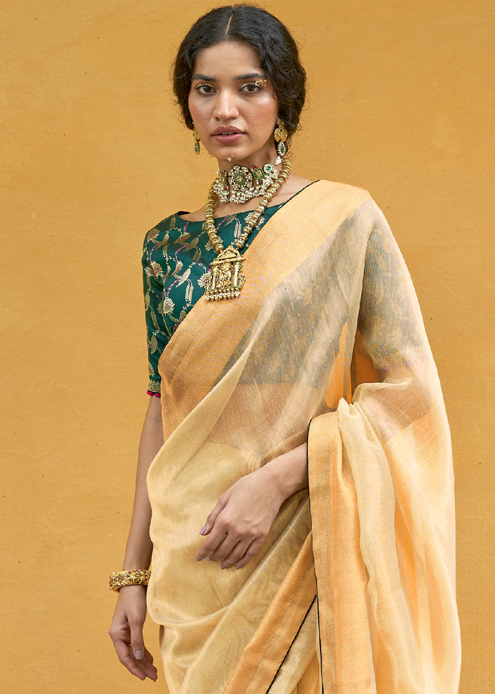 Blonde Yellow Soft Tissue Organza Silk Saree with Brocade Blouse