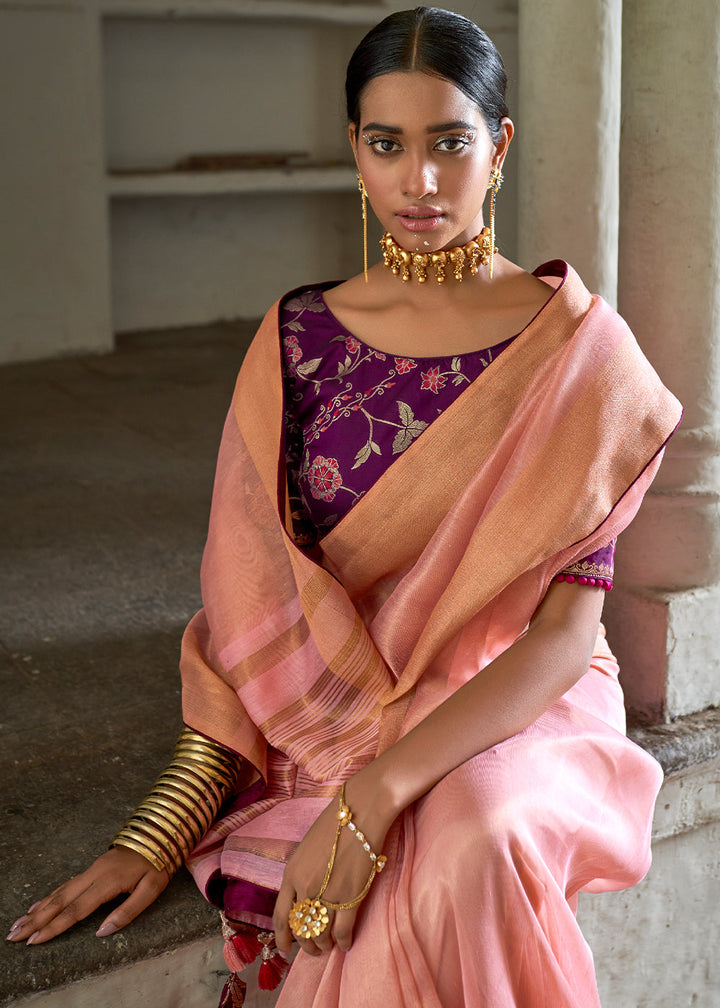 Rose Pink Soft Tissue Organza Silk Saree with Brocade Blouse