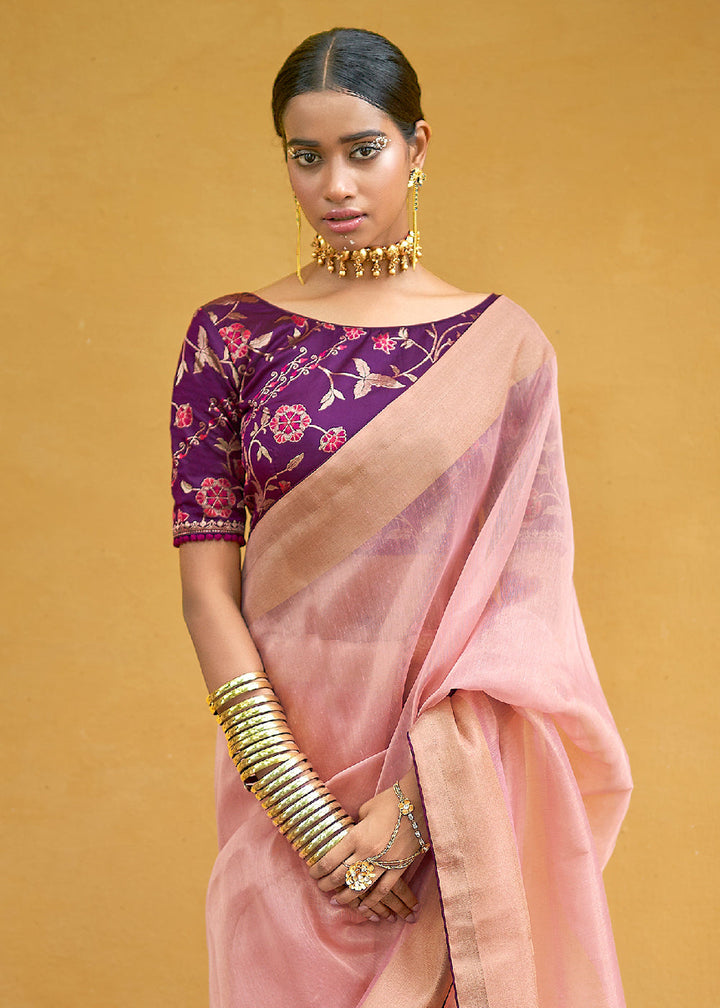 Rose Pink Soft Tissue Organza Silk Saree with Brocade Blouse