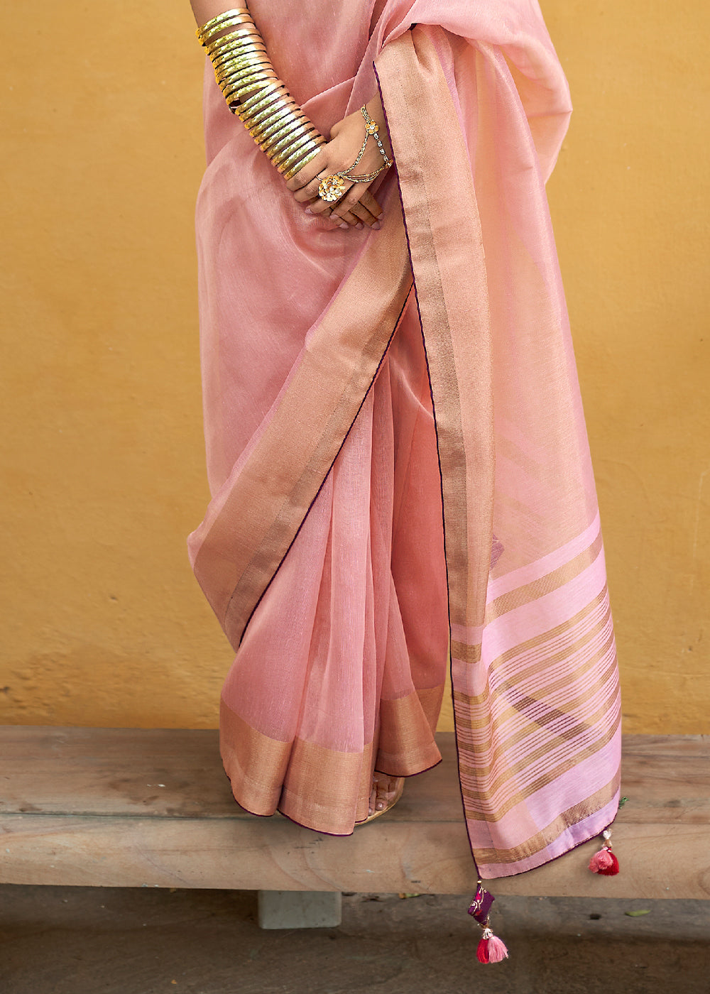 Rose Pink Soft Tissue Organza Silk Saree with Brocade Blouse