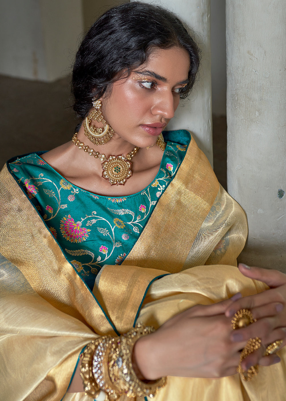 Cream Yellow Soft Tissue Organza Silk Saree with Brocade Blouse