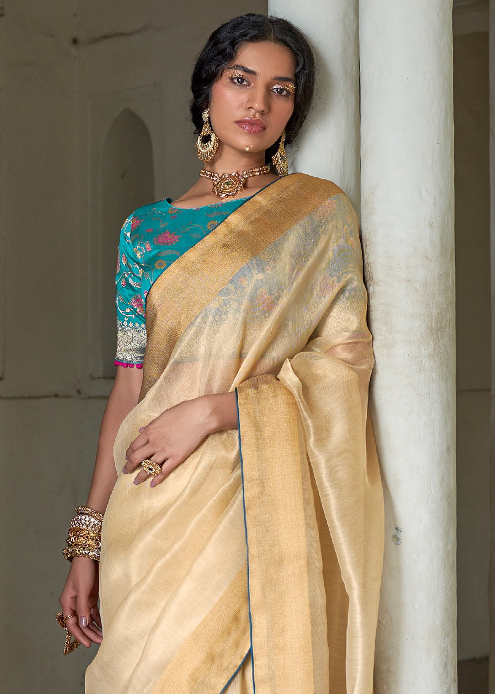 Cream Yellow Soft Tissue Organza Silk Saree with Brocade Blouse