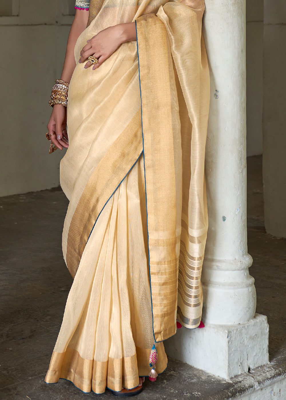 Cream Yellow Soft Tissue Organza Silk Saree with Brocade Blouse