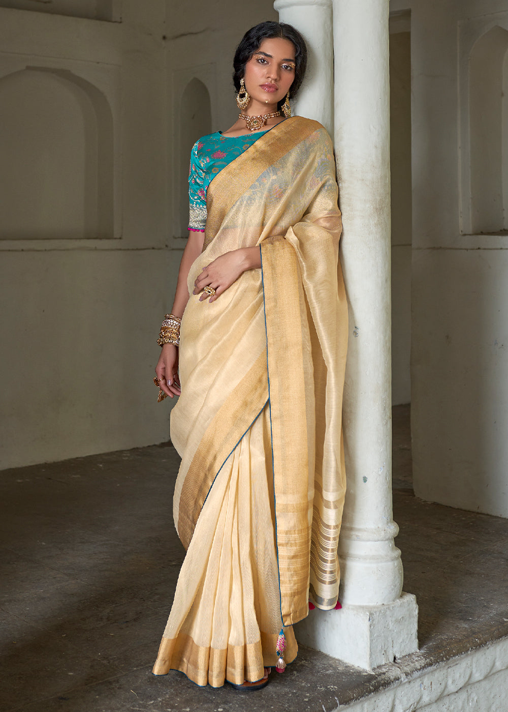 Cream Yellow Soft Tissue Organza Silk Saree with Brocade Blouse