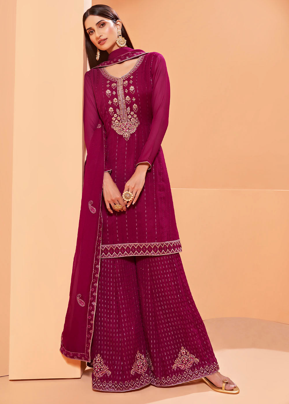 Magenta Pink Georgette Sharara Suit with Thread, Sequins & Khatli work